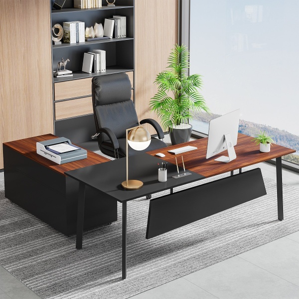 L-Shaped Desk, 70? Executive Desk with 43? File Cabinet