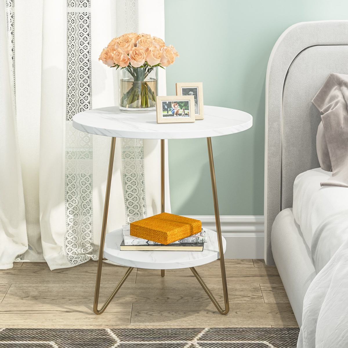 End Table, 2 Tier Round Sofa Bedside Table with Shelves - Image 5