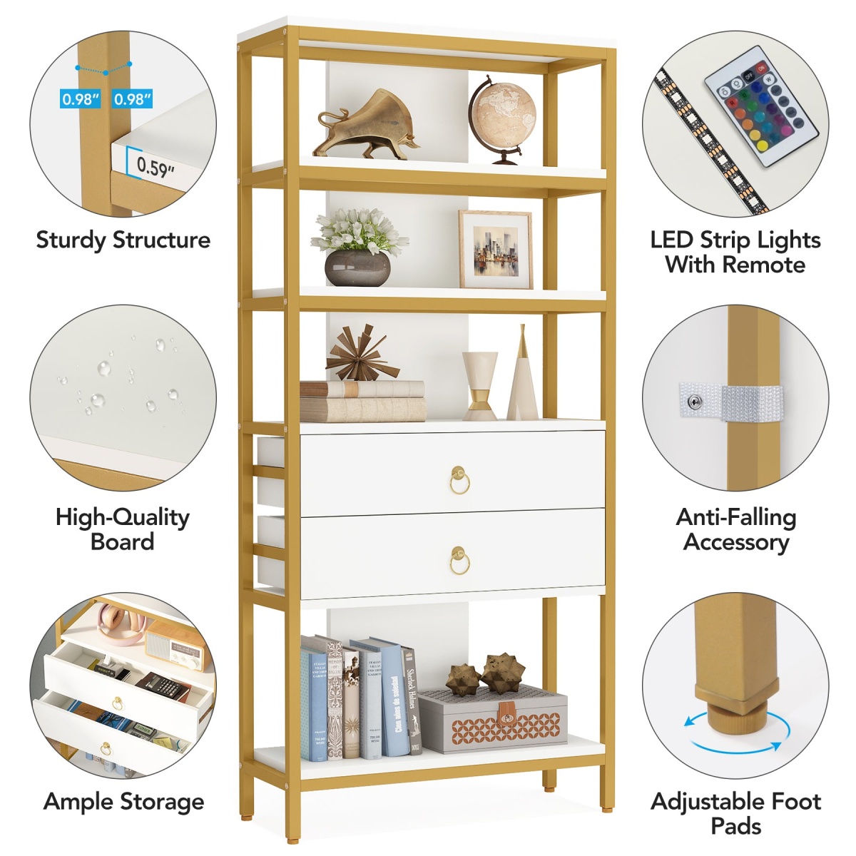 Bookshelf, 5-Tier Bookcase with 2 Drawers & LED Light - Image 7