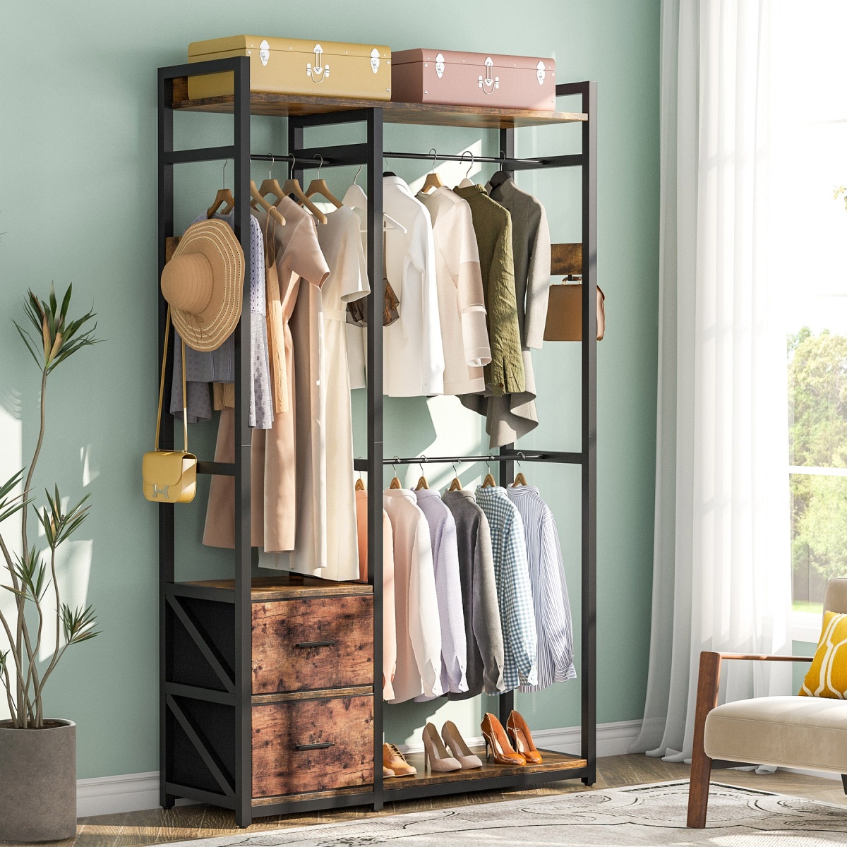Freestanding Closet Organizer, 2 Fabric Drawers Garment Clothes Rack - Image 1