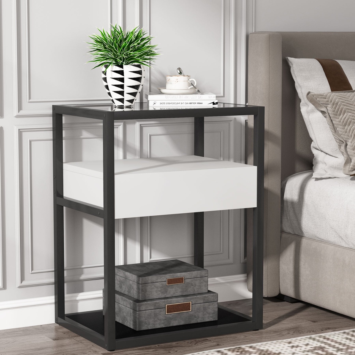 Nightstand, Modern Side End Table with Drawer and Shelf - Image 5