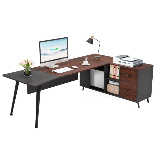 Executive Desk, 87? L-Shaped Computer Desk with 51? File Cabinet