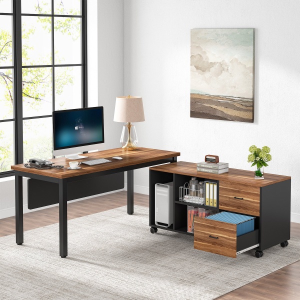 L-Shaped Desk, Executive Computer Desk with Storage Cabinet