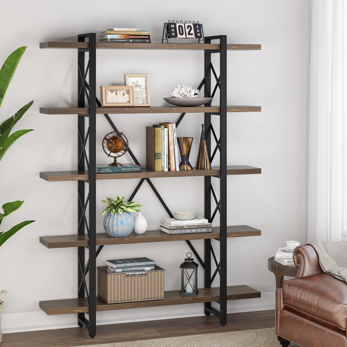 Bookshelf, 72? Solid Wood Bookcase 5-Shelf Display Rack - Image 2