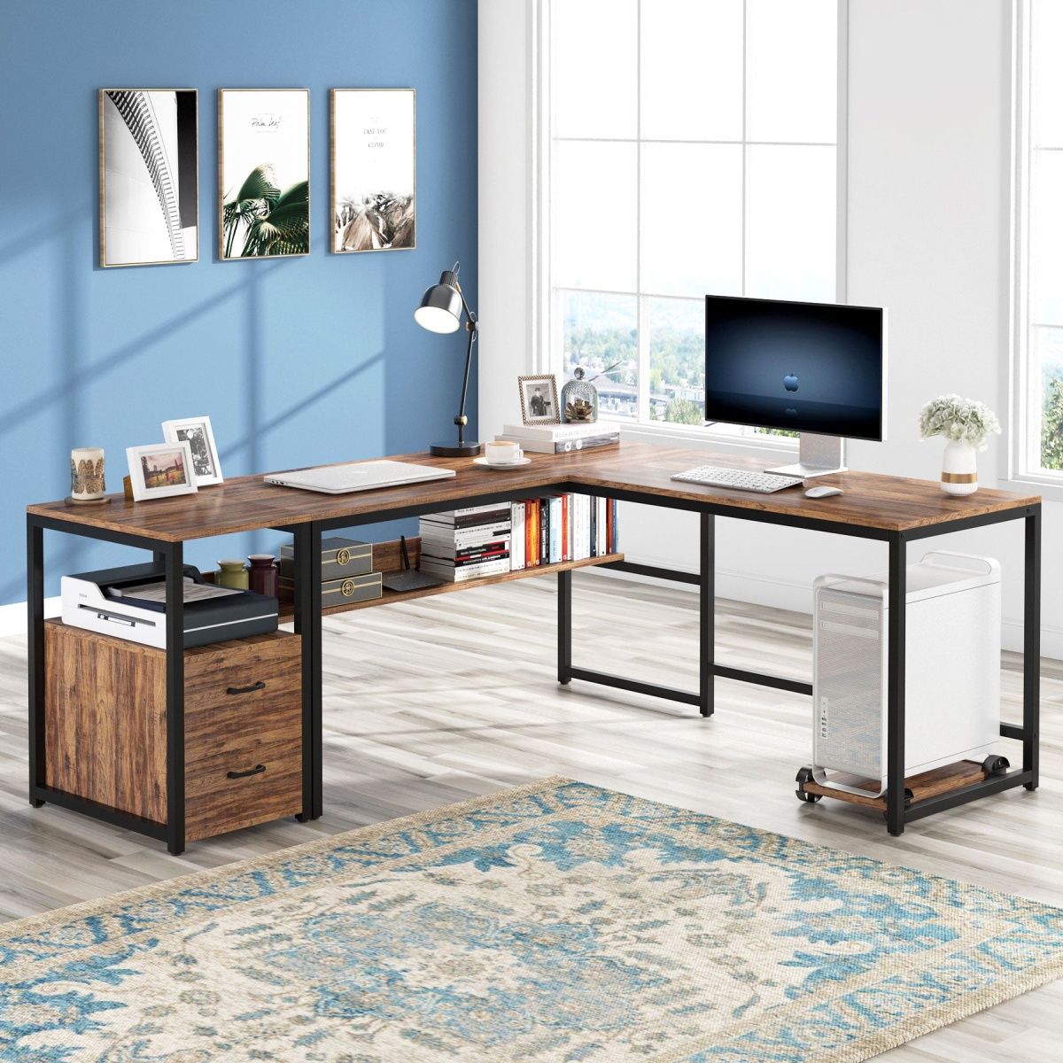 L-Shaped Desk, 70? Computer Desk with Bookcase and Cabinet - Image 2