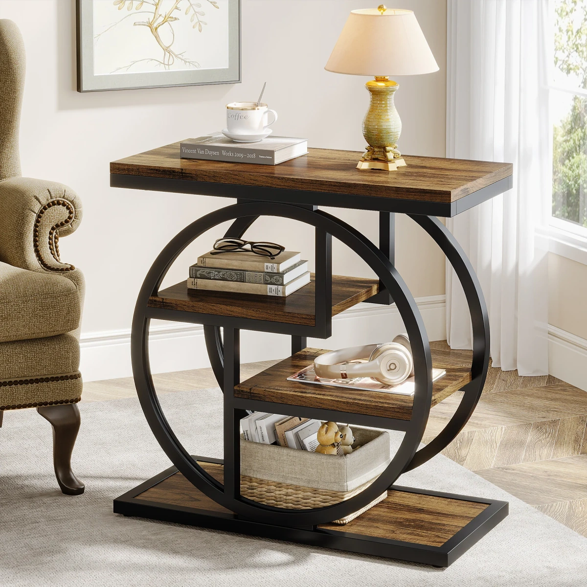 Wood End Table, 4-Tier Side Table with Storage Shelves - Image 1