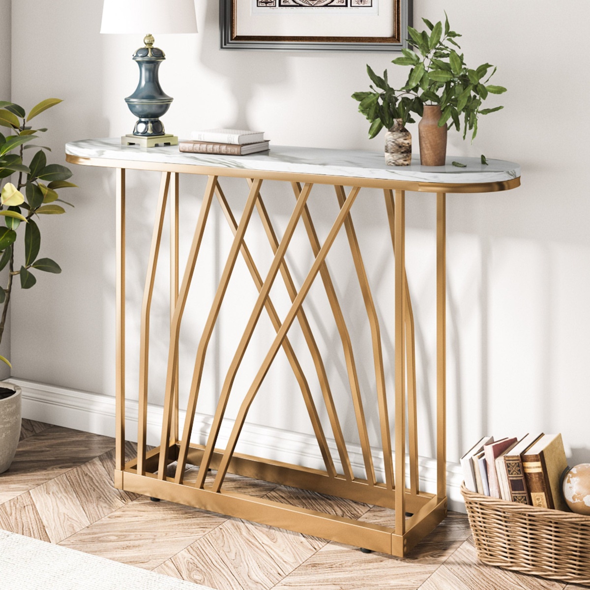 Console Table, 43? Modern Sofa Couch Table with Faux Marble - Image 4