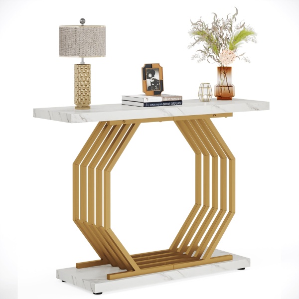 Console Table, 40? Faux Marble Sofa Table with Geometric Metal Base