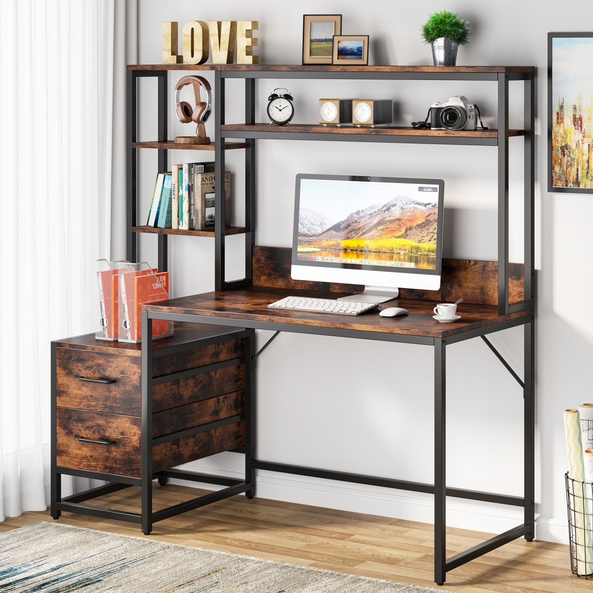 Computer Desk, 55? Writing Table with 2 Drawers and Storage Shelves - Image 4