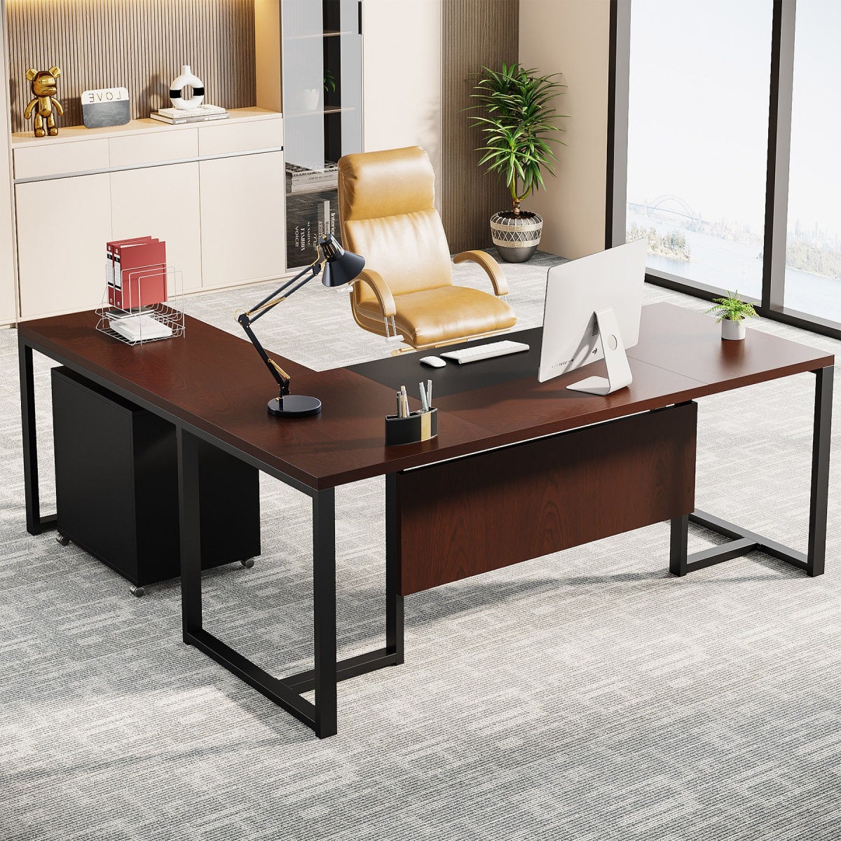 L-Shaped Desk, 70.8?? Executive Desk with Mobile File Cabinet - Image 2
