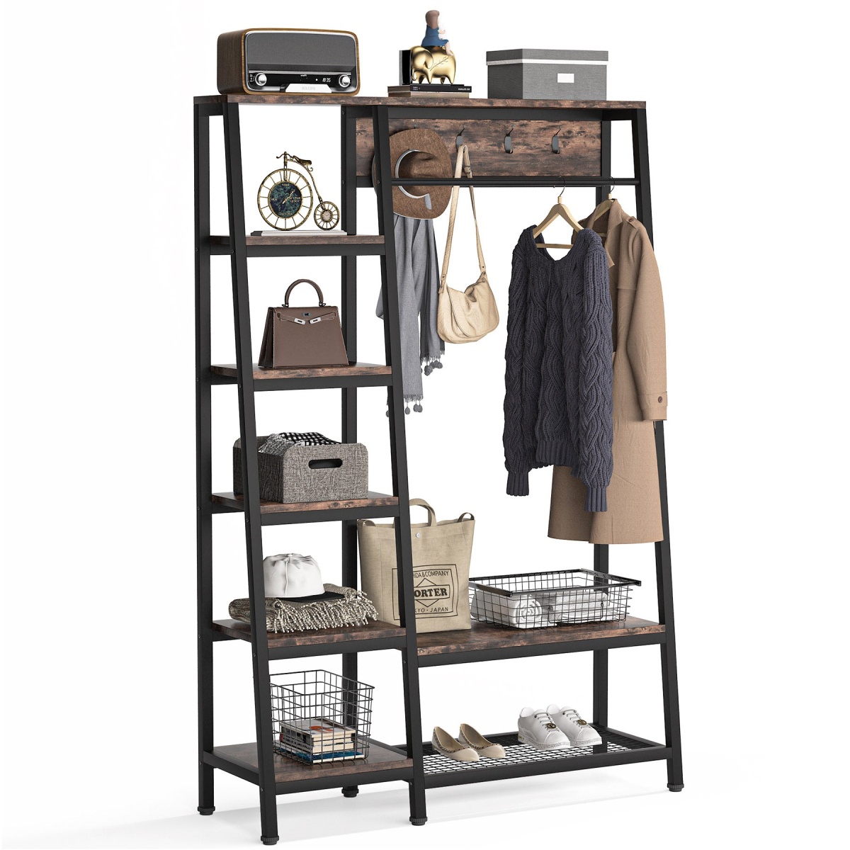 Freestanding Closet Organizer, Hall Trees with Shoes Bench - Image 1