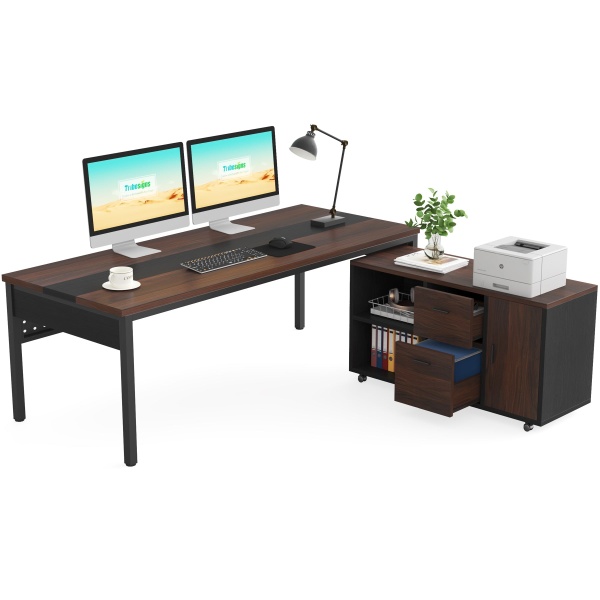 L-Shaped Desk, 71? Executive Desk with 47? Mobile File Cabinet