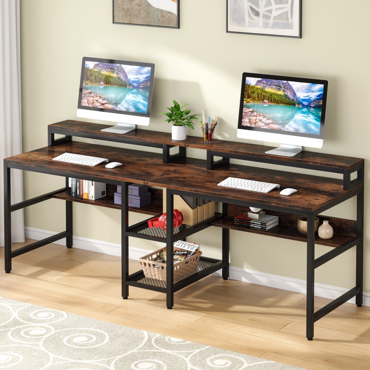 Two Person Desk, 78.7? Double Computer Desk with Monitor Riser & Shelves - Image 1