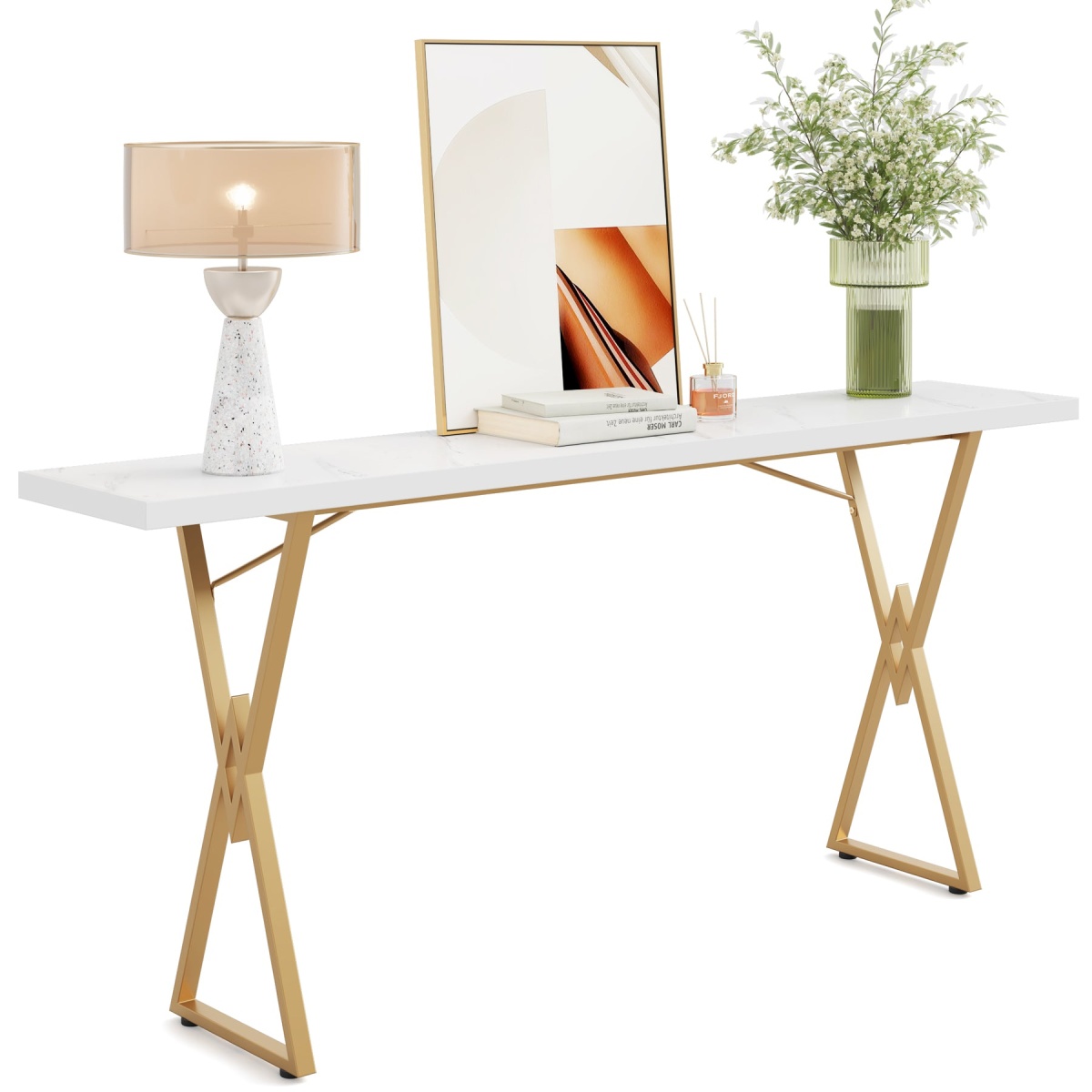 Console Table, 70.9 Inch Sofa Table Hallway Table, White and Gold - Image 1