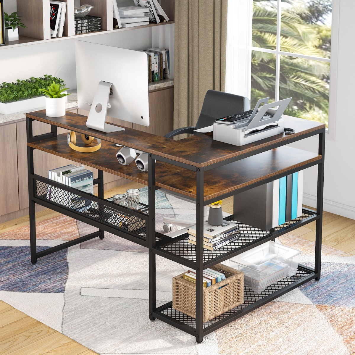 L-Shaped Computer Desk with Open Shelves & Monitor Stand - Image 4