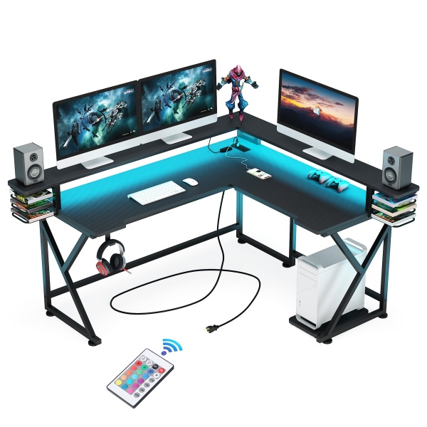 Gaming Desk, L Shaped Desk with Led Lights & Monitor Stand