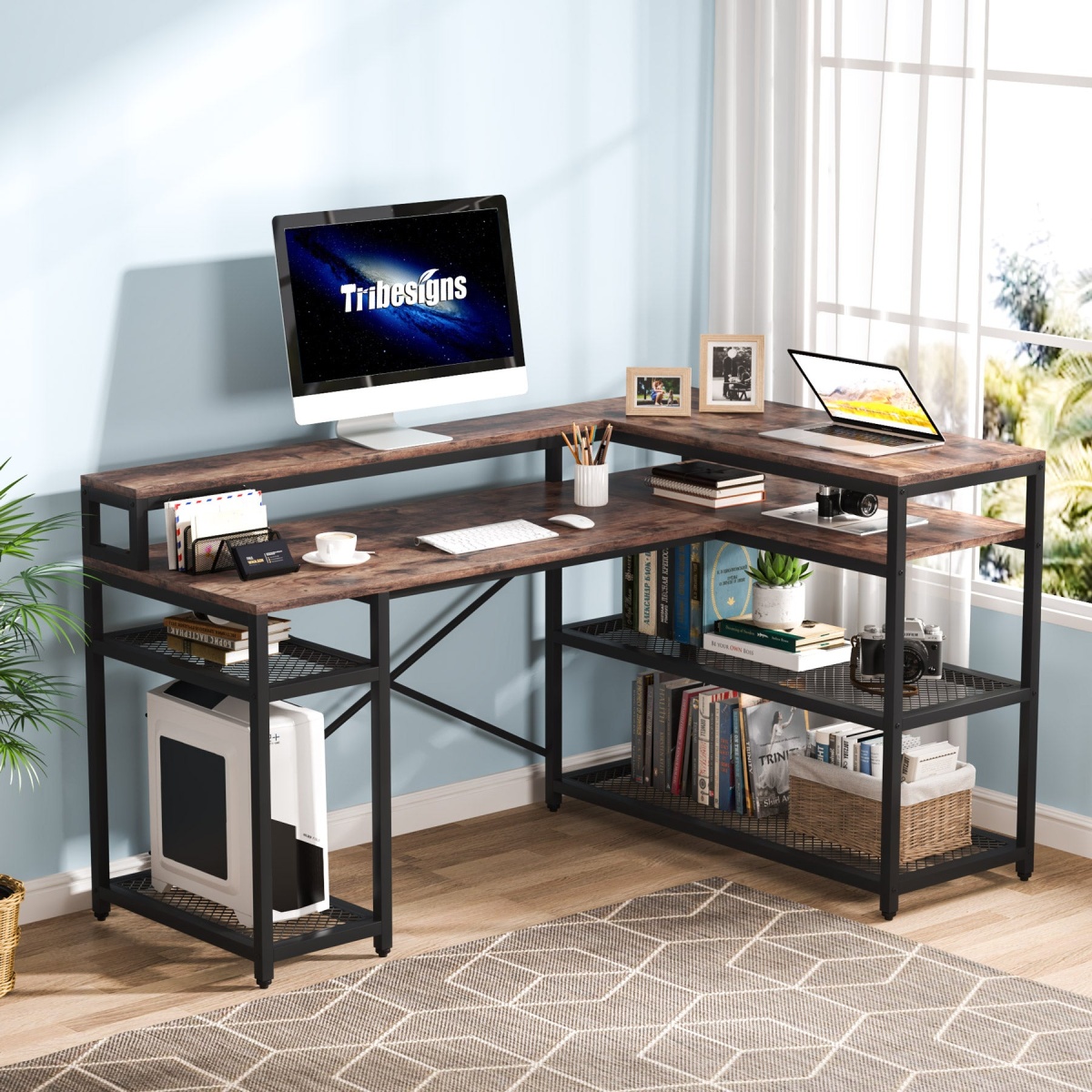 L-Shaped Desk, 59? Corner Computer Desk with Storage Shelf - Image 2