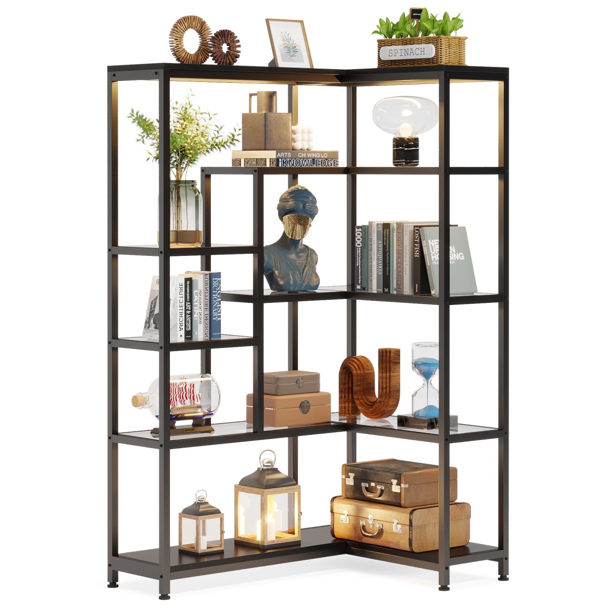 Corner Bookshelf, 70 Inch Bookcase with Led Light & Acrylic Glass - Image 1