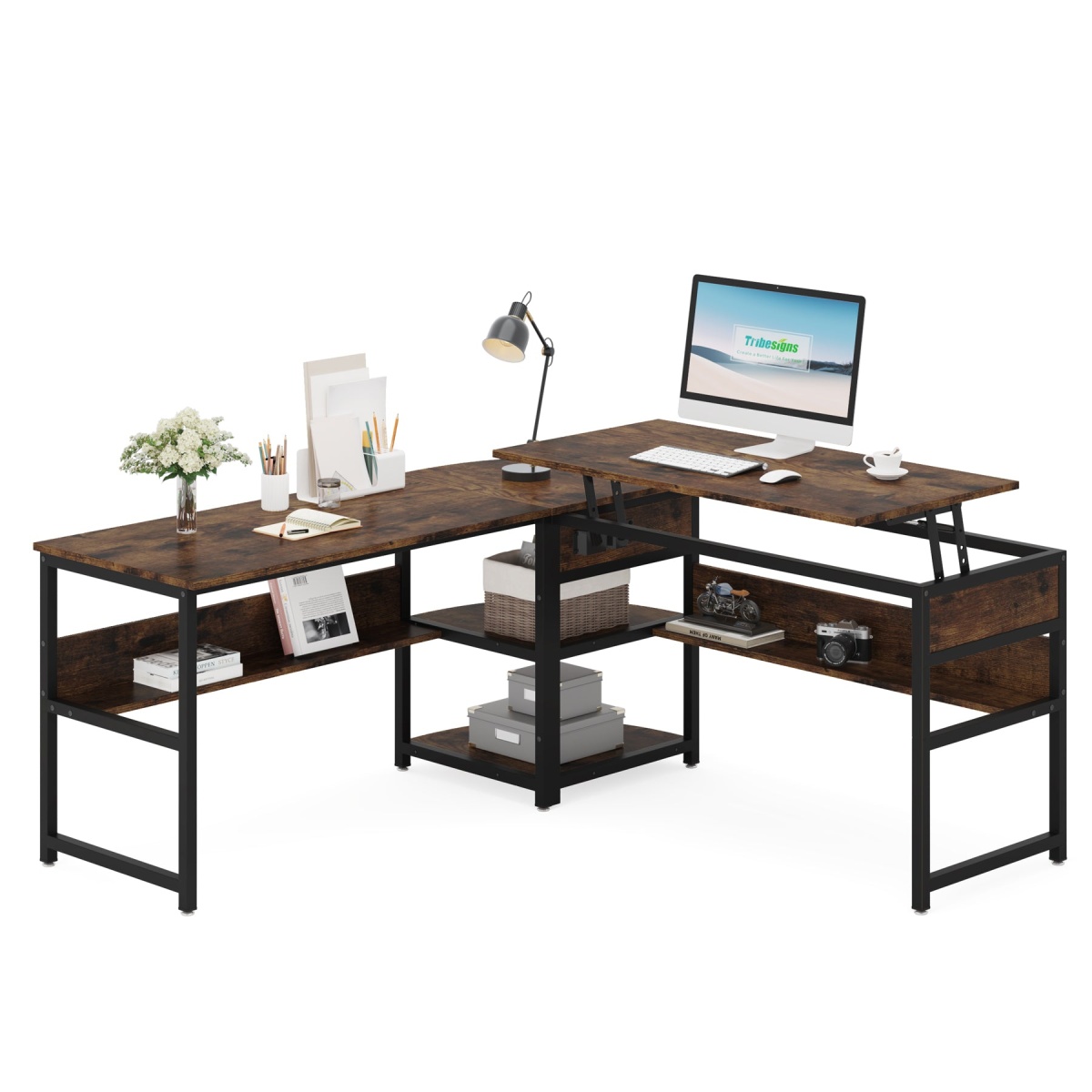 Lift Top L-Shaped Desk, Corner Computer Desk with Storage Shelves - Image 1