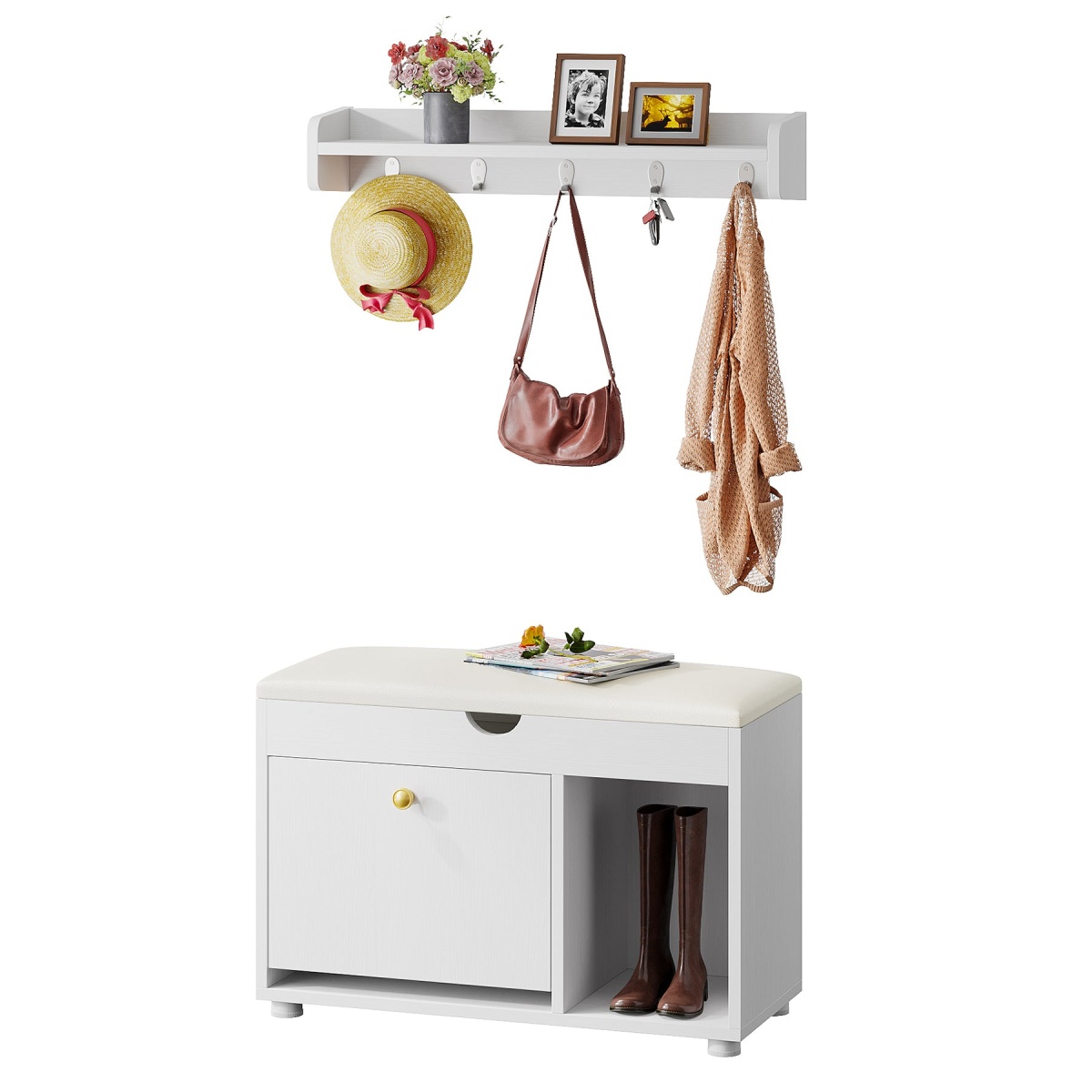 Coat Rack Shoe Bench Set, 6-in-1 Hall Tree with Wall Mounted Shelf - Image 1