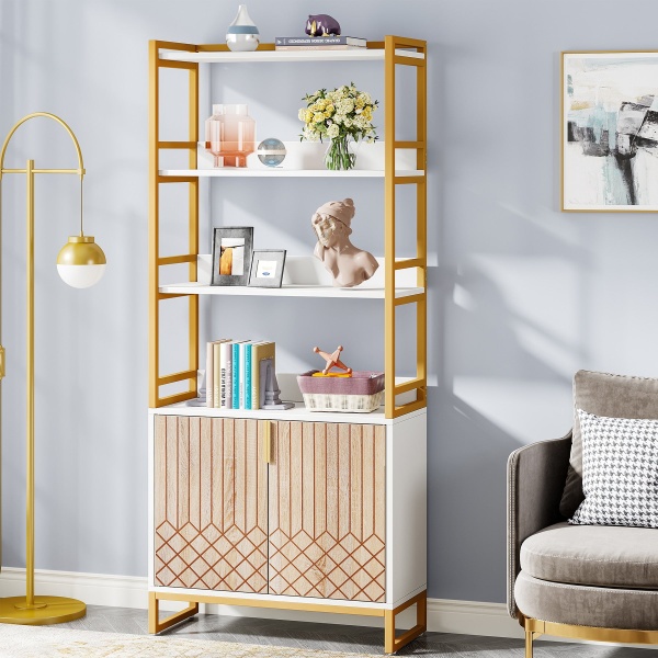 Bookshelf, 70.8? Etagere Bookcase with Open Shelves & Cabinet