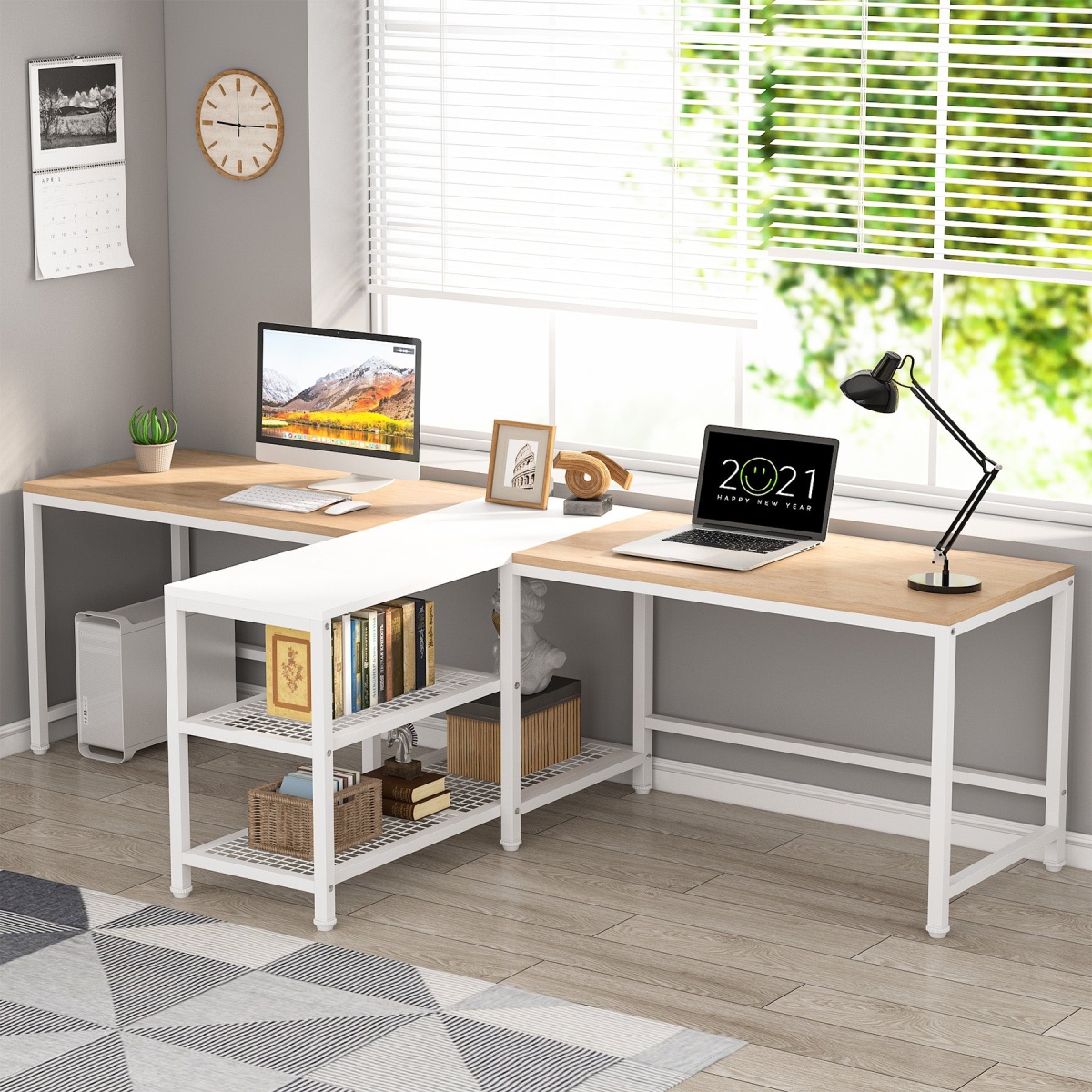 Two Person Desk, 94.5? Double Computer Desk with Shelves - Image 8