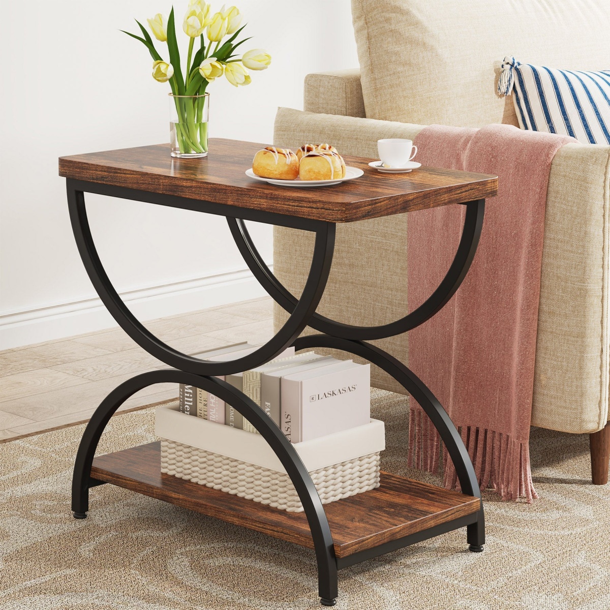 Round End Table, Industrial Side Table with Metal Hollow Frame - Image 89