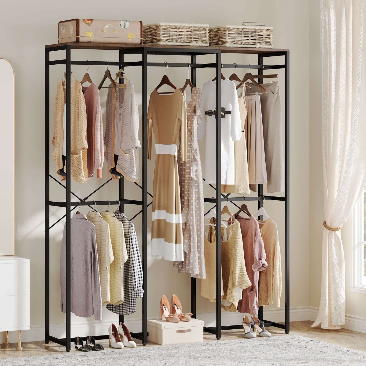 Freestanding Closet Organizer, Garment Rack with Shelves and Hanging Rods - Image 1