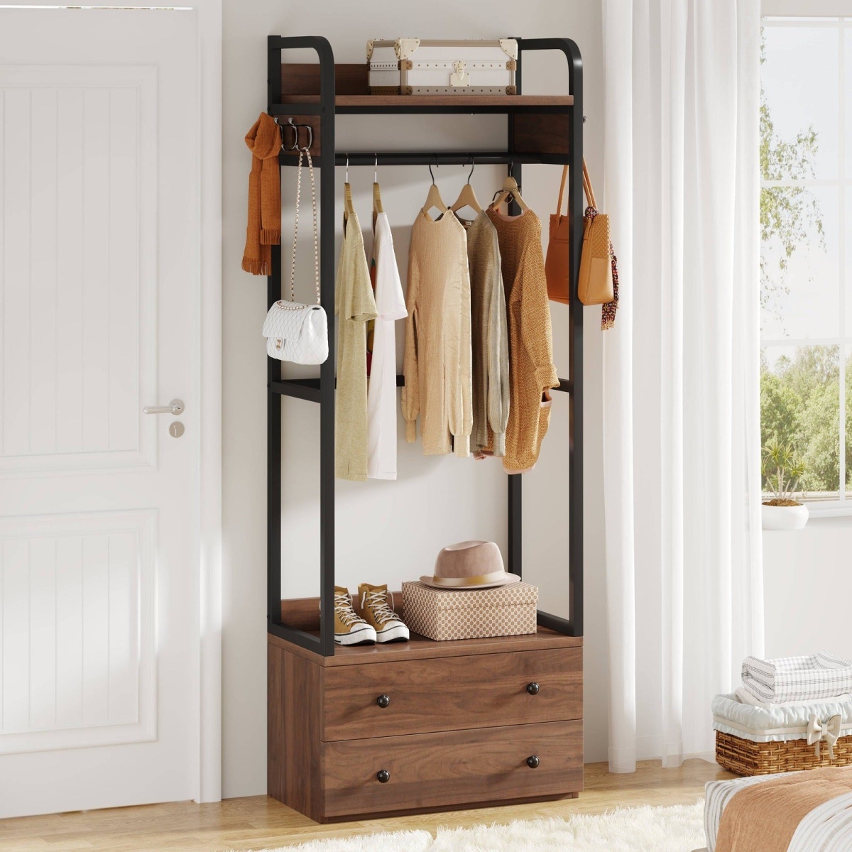 Freestanding Closet Organizer, Coat Rack with Drawers and Shelves - Image 1