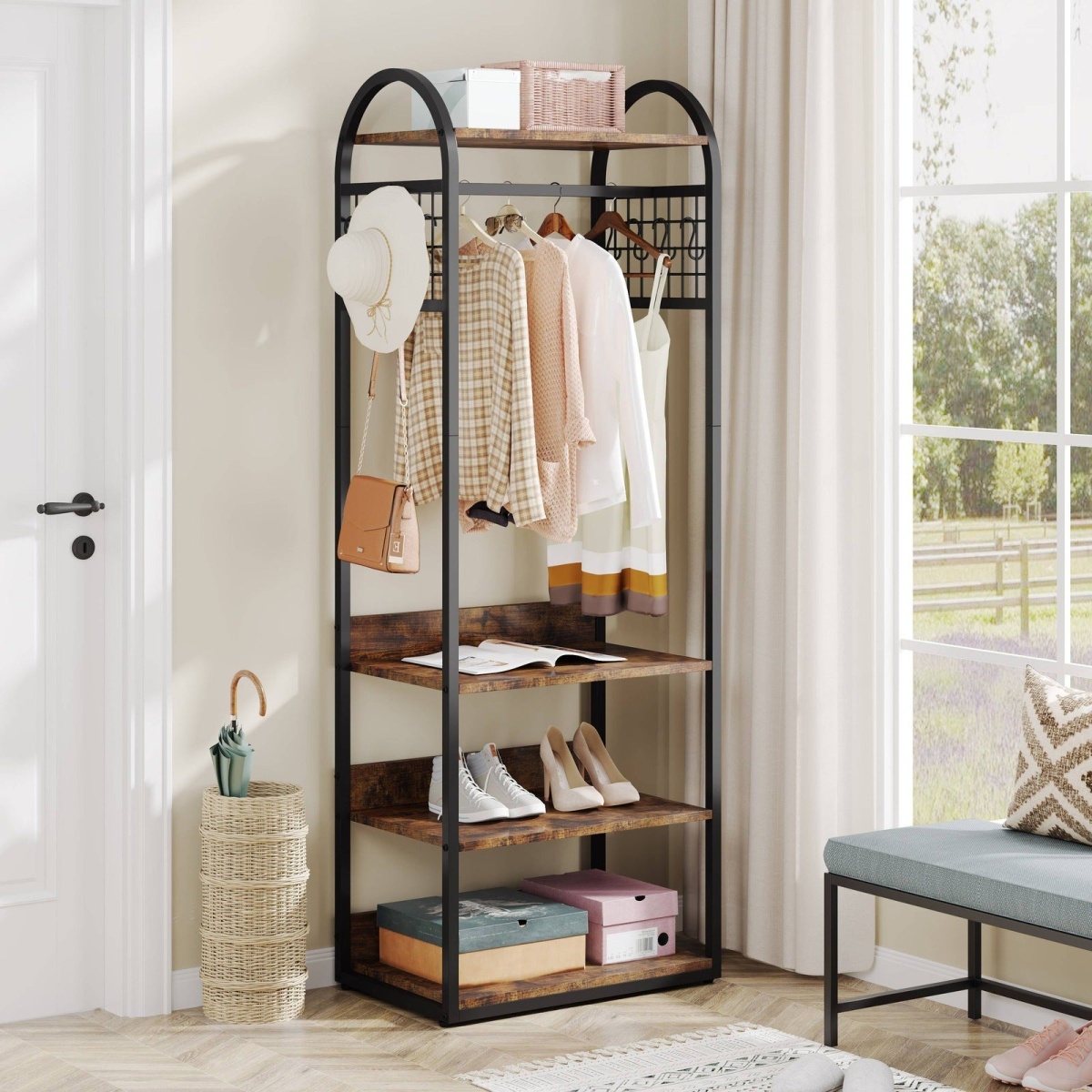 Coat Rack, Freestanding Hall Tree with 4 Storage Shelves - Image 1