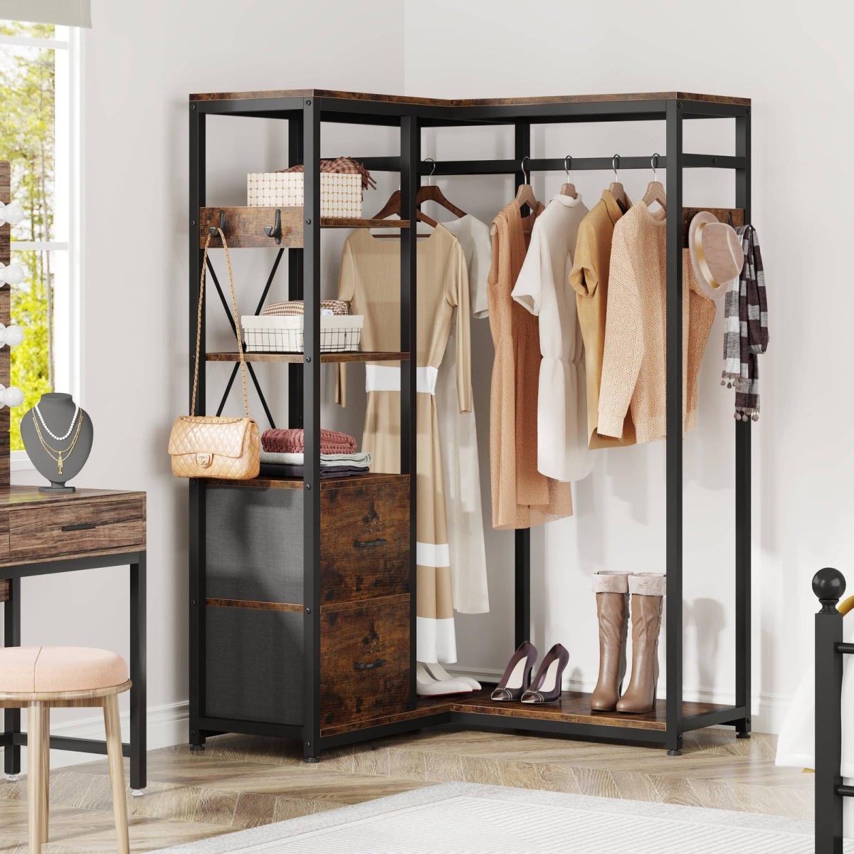 L Shaped Garment Rack with Shelves and 2 Fabric Drawers - Image 1