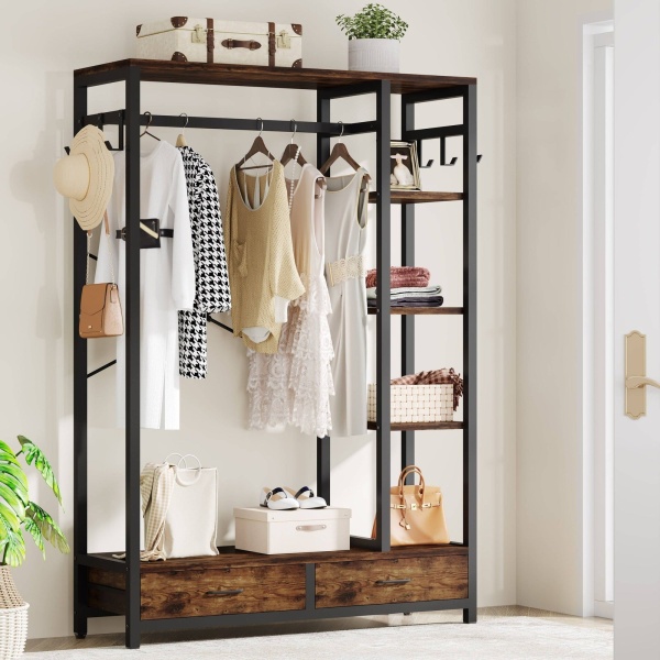 Freestanding Closet Organizer, 79? Garment Rack with 2 Drawers & Shelves