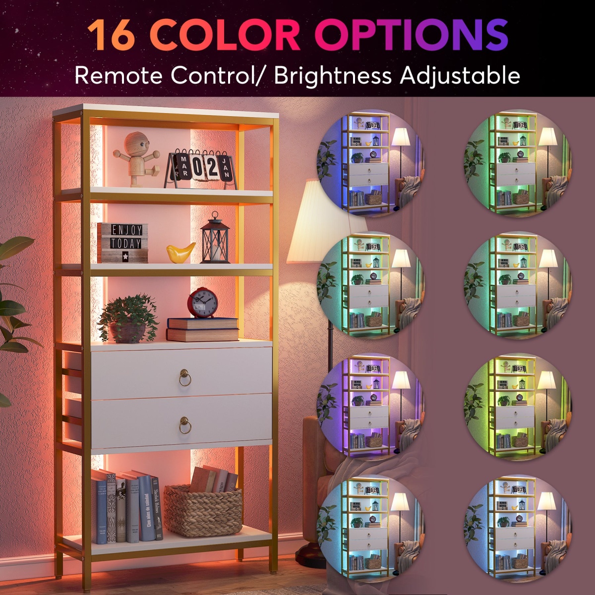 Bookshelf, 5-Tier Bookcase with 2 Drawers & LED Light - Image 6