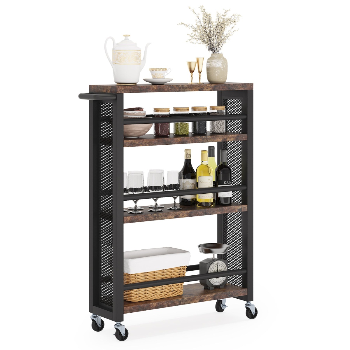 Kitchen Cart, 4 Tier Slim Storage Rolling Cart Spice Rack with Handle - Image 1