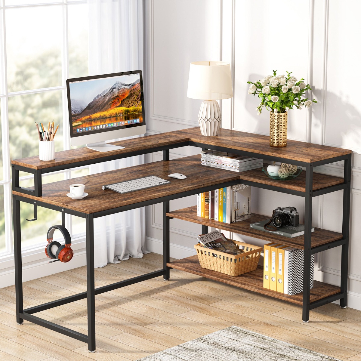 L-Shaped Desk, 53? Reversible Corner Desk with Shelves and Monitor Stand - Image 9