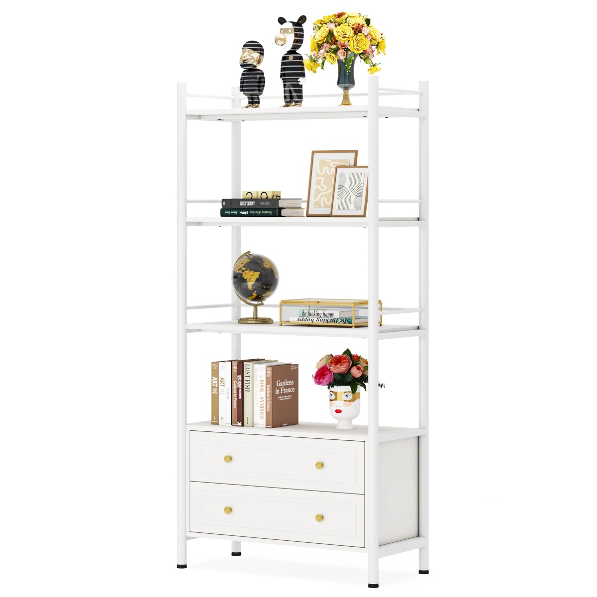 Bookshelf, 4-Tier Tall Bookcase Display Shelf with 2 Drawers - Image 1