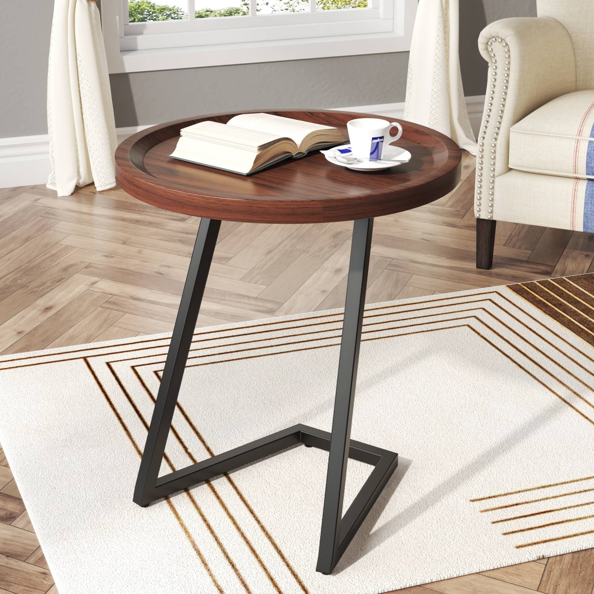 End Table, Round Side Snack Table with L-Shaped Metal Leg - Image 4