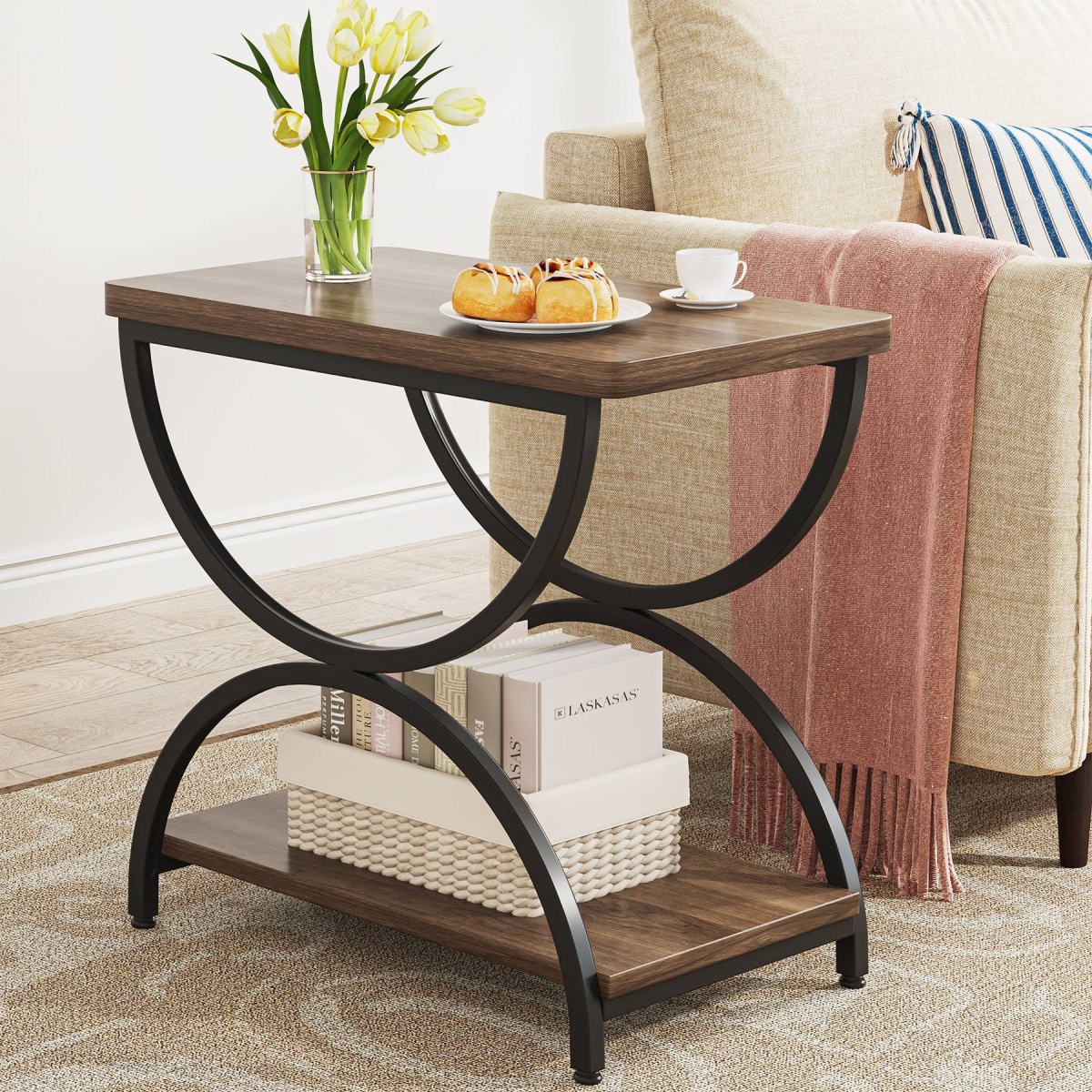 Round End Table, Industrial Side Table with Metal Hollow Frame - Image 87