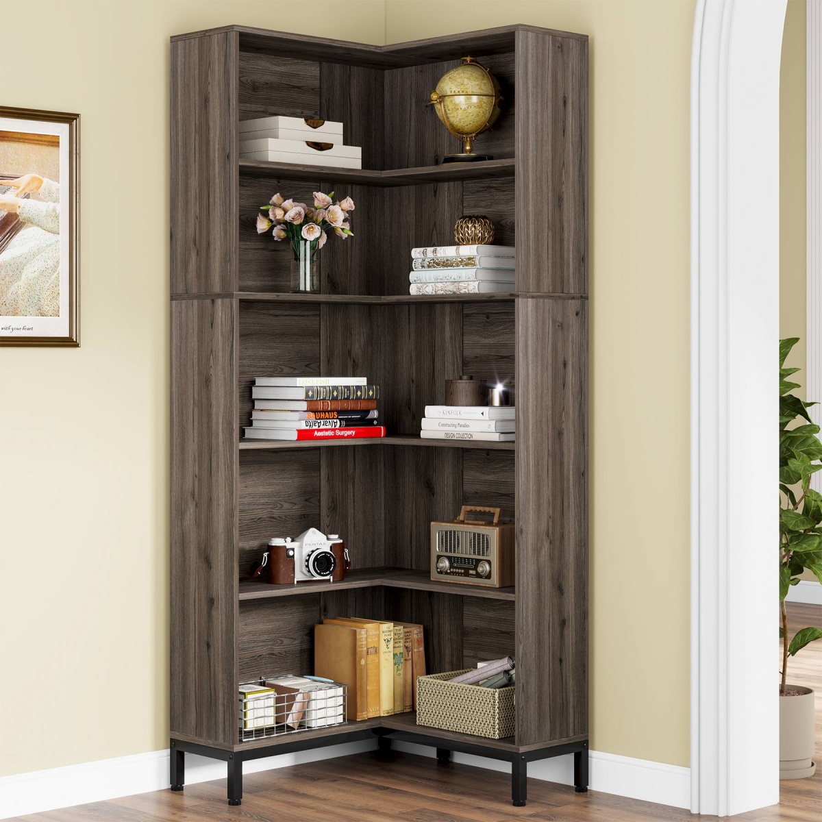 Corner Bookcase, 71 inch 6-Tier L-Shaped Etagere Bookshelf - Image 1