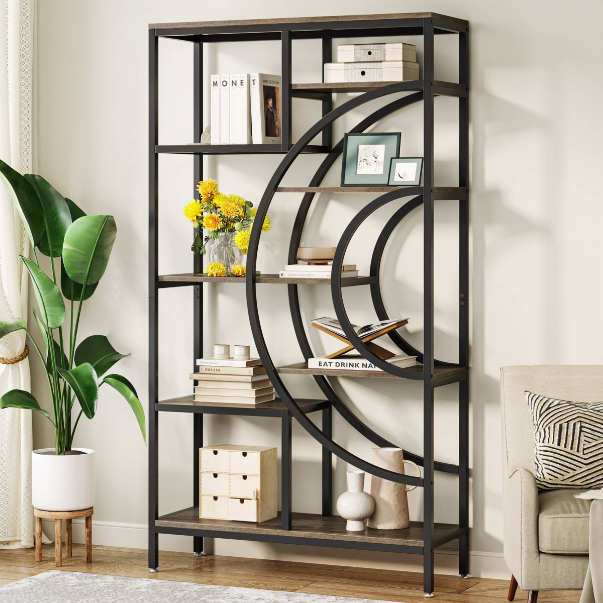 Bookshelf, 71? Geometric Bookcase, Industrial 8-Tiers Etagere Shelving Unit - Image 1