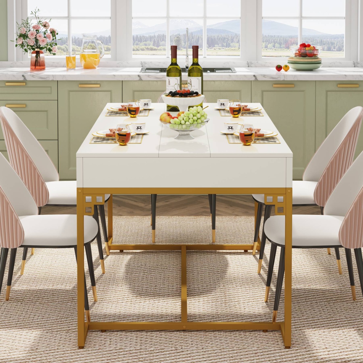 Dining Table, 63? Breakfast Dinner Table with 2 Drawers for 4 to 6 - Image 5
