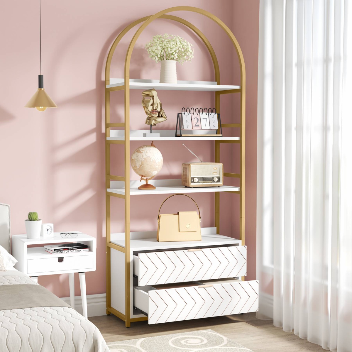 Bookshelf, 74.8? Etagere Bookcases with 2 Drawers & 4-Tier Shelves - Image 4