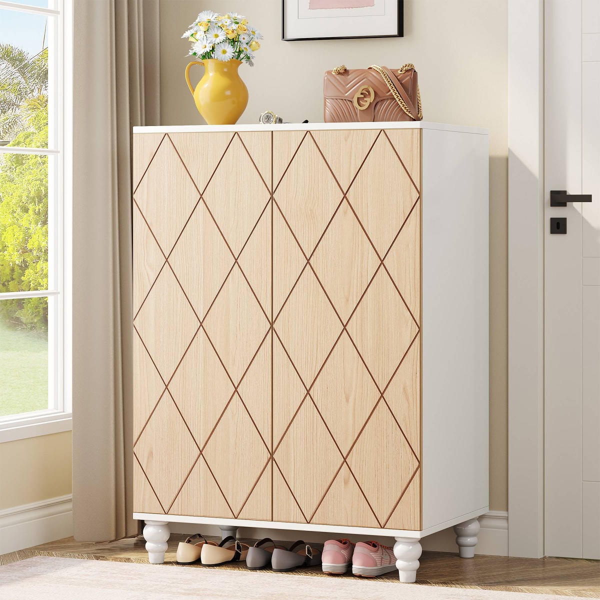 Shoe Cabinet, 2-Door Shoe Organizer Cabinets with Solid Wood Legs - Image 1