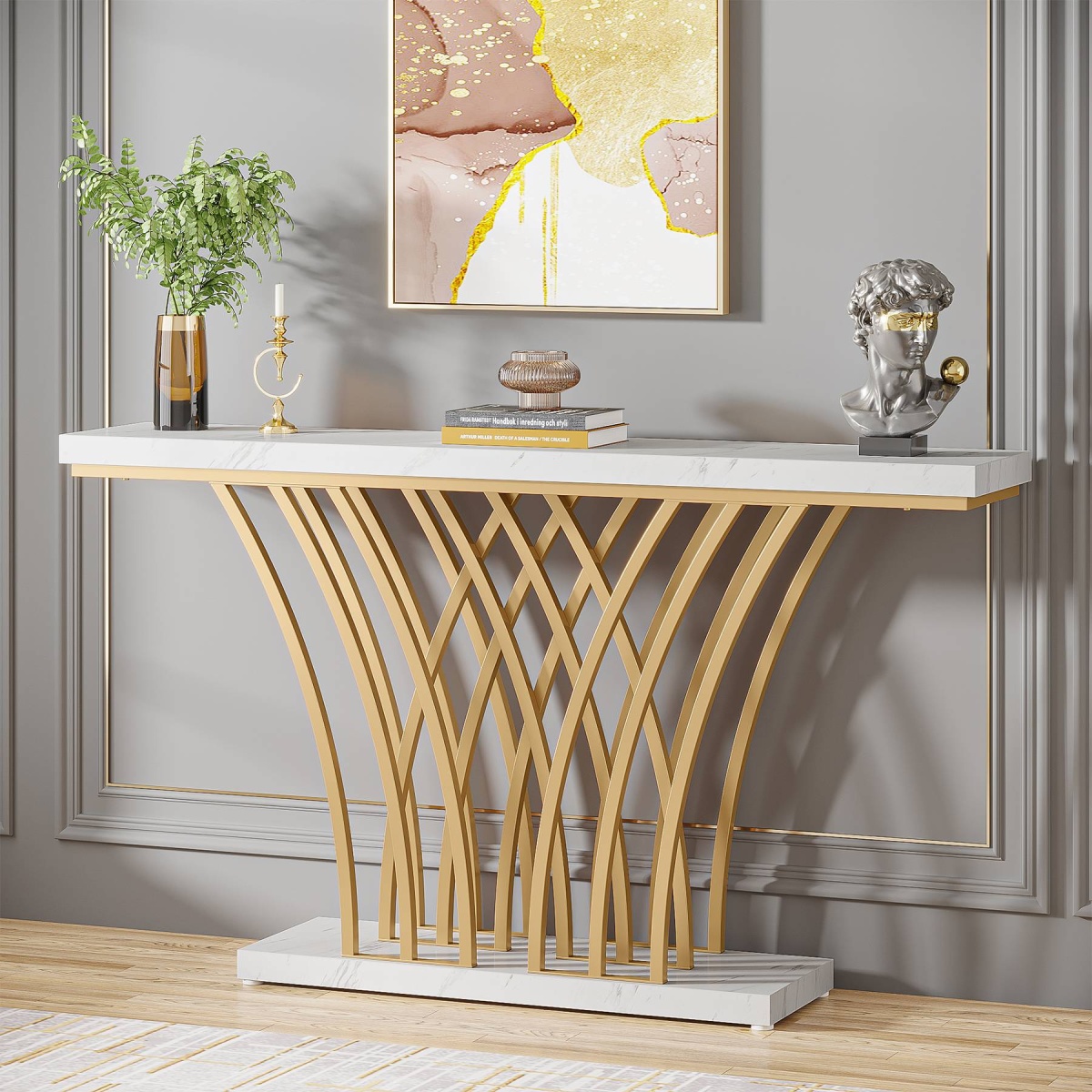 Console Table, 59 ? Faux Marble Entryway Table with Geometric Metal Base - Image 1