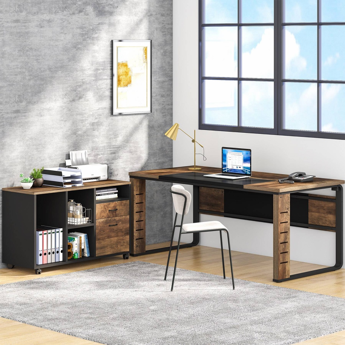 L-Shaped Desk, 59? Executive Office Desk with Lateral File Cabinet - Image 4