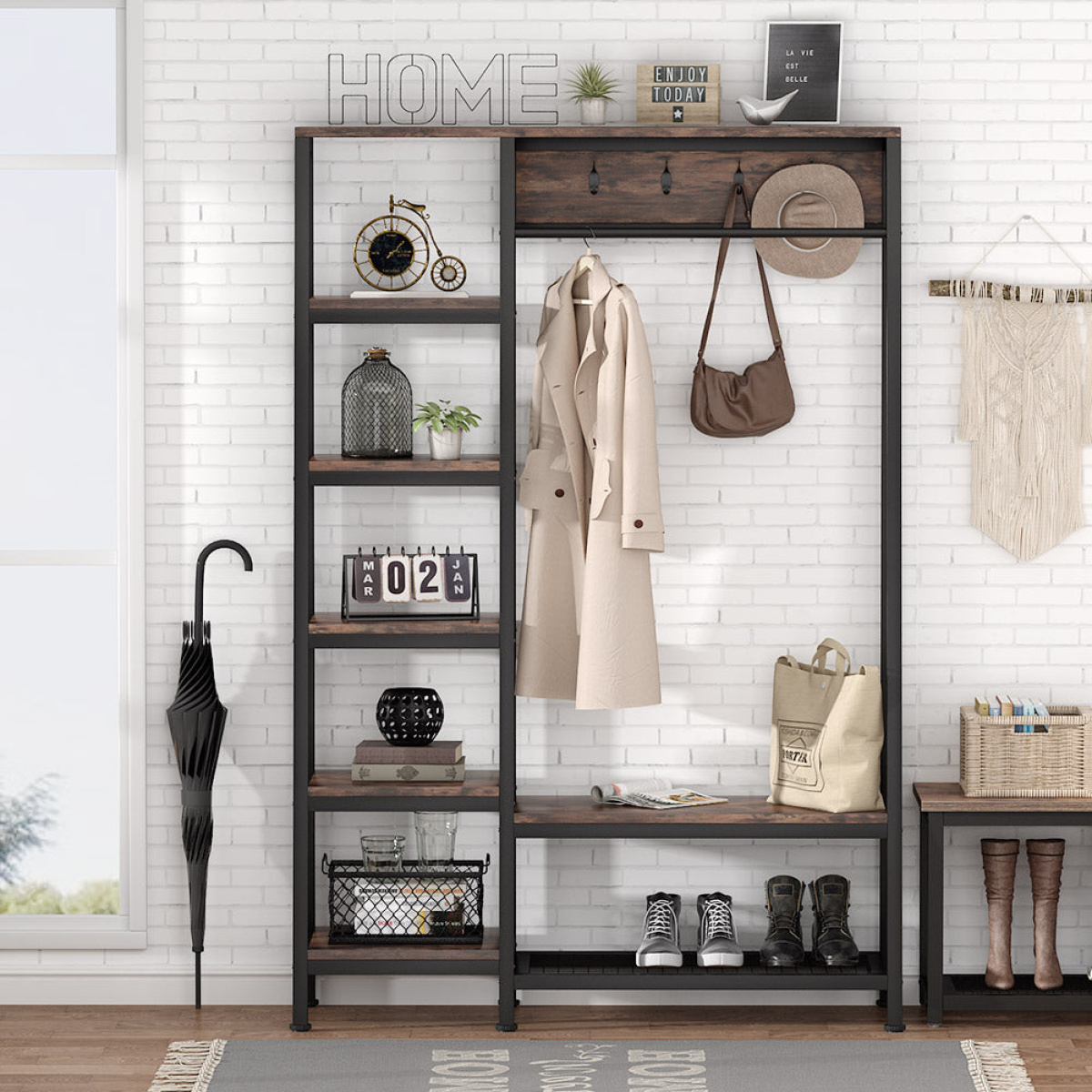 Freestanding Closet Organizer, Hall Trees with Shoes Bench - Image 4
