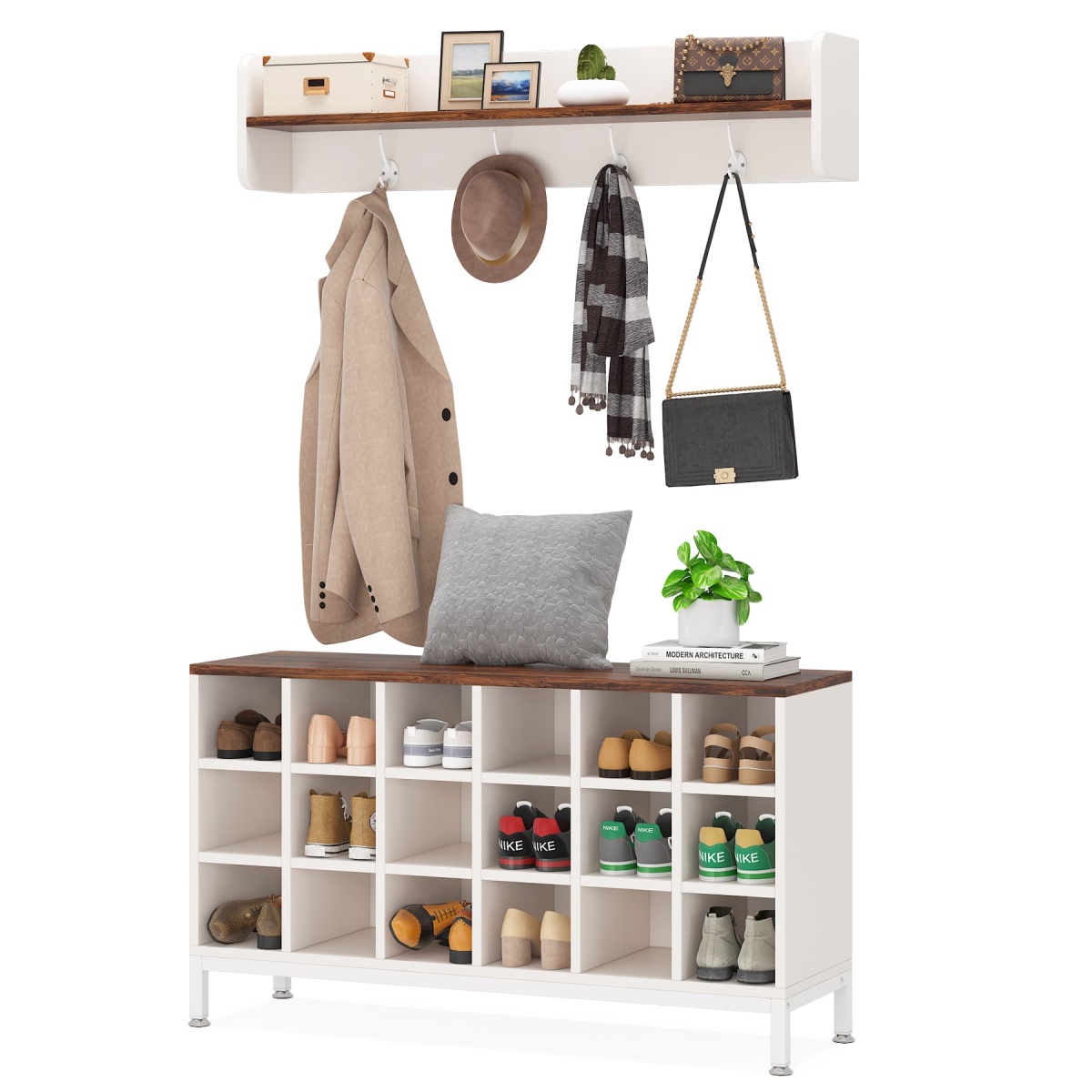 Coat Rack Shoe Bench Set, Hall Tree with Bench and 18 Shoe Cubbies - Image 1