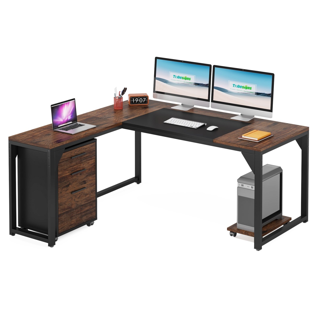 L-Shaped Desk, 63? Executive Computer Desk with Mobile File Cabinet - Image 1