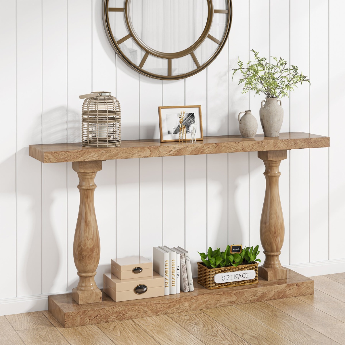 Console Table, 63? Solid Wood Entryway Table with Floor Shelf - Image 4