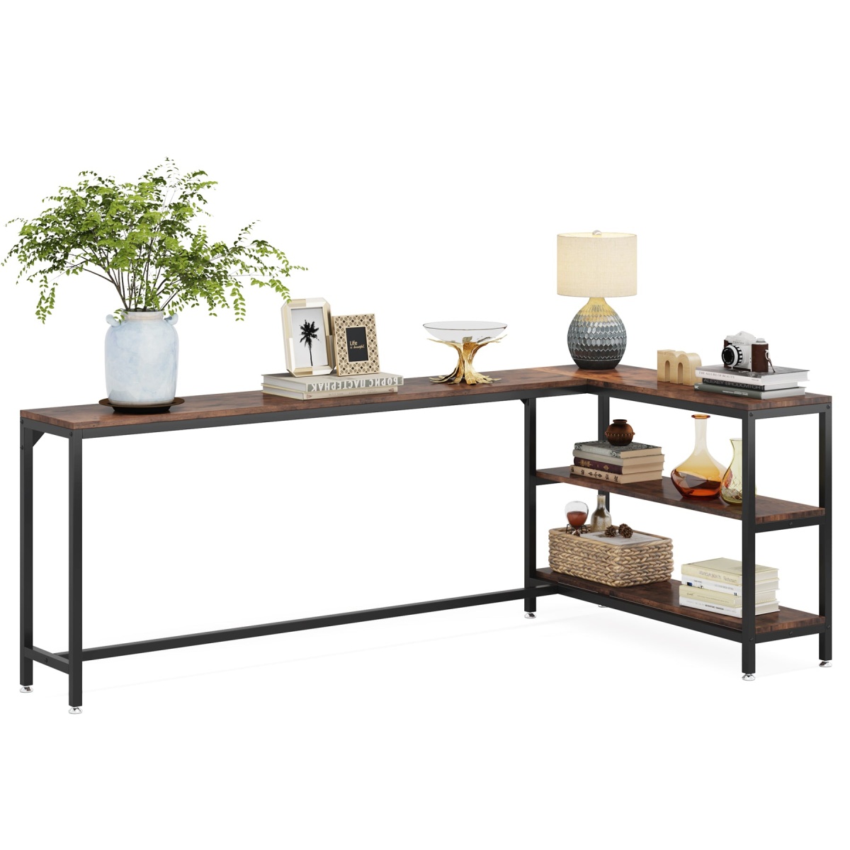 L-Shaped Console Table, Reversible Sofa Table with 3-Tier Shelves - Image 1